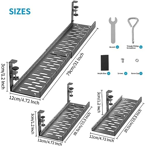 31Inch Extendable Under Desk Cable Management Tray, Metal Cable Management Tray Under Desk Cord Management with Clamp, Extendable Power Strip Cord Holder for Wire Cable Management - Image 4