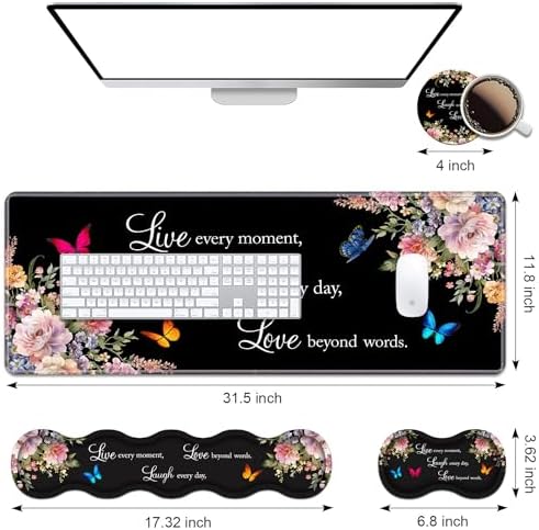 Ergonomic Keyboard Wrist Rest & Mouse Pad Wrist Rest Set, Large XXL Gaming Desk Mat 31.5"x 11.8" with Memory Foam, Easy Typing Pain Relief for Office & Home, Floral Quote Live Laugh Love - Image 2