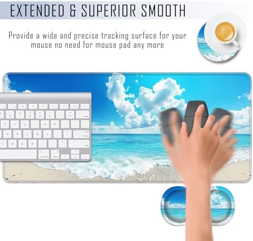 TGFEWYTJYJ Extended Gaming Mouse Pad,Memory Foam Ergonomic Keyboard Mouse Wrist Rest Support Set,Large Desk Mat with Stitched Edges,Non-Slip Base Mousepad Home Office,Blue Sky Ocean Beach - Image 4