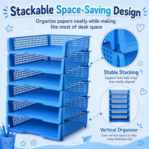 6 Pcs Blue Turn in Trays Classroom, Stackable Paper Bins for Classroom, 13x9x2.8 inch Plastic Baskets Desktop Organization System Office (Blue) - Image 4