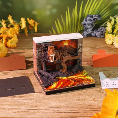 3D Time Piece Calendar, 2027 Desk Calendar With LED Light, 3d Tree Memo Pad Creative Desk Calendar, Christmas Gift for Colleague Friend, Desktop Decoration (Volcano T-rex) - Image 2