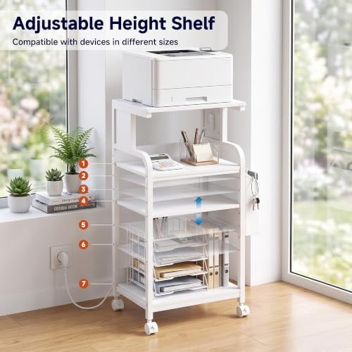 Tall Printer Stand with Charging Station, 4-Tier Large Printer Table Adjustable Shelf, Mobile Printer Cart on Wheels Heavy Duty for Home Office, Fits 3D Printer Shredder Scanner Fax, Pure White - Image 2