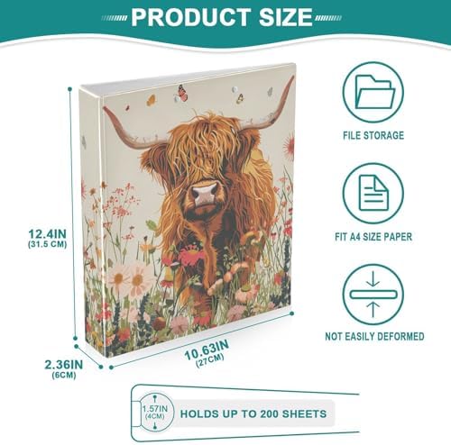 JIPONI 3 Ring Binder Cute Highland Cow 1 Inch Round Binders for Men Women Students, Cute File Organizer for Office School - Image 4