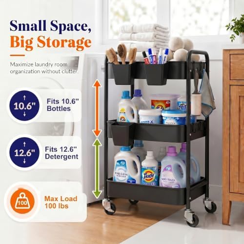 3 Tier Rolling Cart Metal with Wheels,Black Three Tiered Art Cart Organizer - Image 4