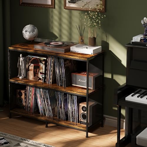 3-Tier Vinyl Record Storage: Vintage Player Table with Spacious Storage - Up to 450 Records, Turntable Stand with Adjustable Dividers, Extra Top Surface for Audio Equipment, Perfect for Living Room - Image 3