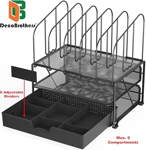 Deco Brothers Mesh Desk Organizer with Double Tray, 5 Upright Sections and Sliding Drawer, Black - Image 2