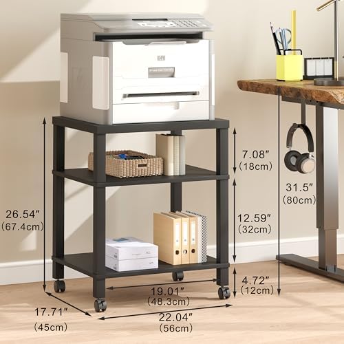 3-Tier Printer Stand with Wheels, Large Under Desk Rolling Cart for Office Storage, Heavy Duty Machine Stand with Adjustable Shelf, 22.04"x17.71"x26.54", Black - Image 4