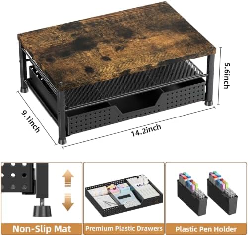 Monitor Stand Riser with Plastic Drawer and Two Pen Holders, Dark Wood Top - Image 2