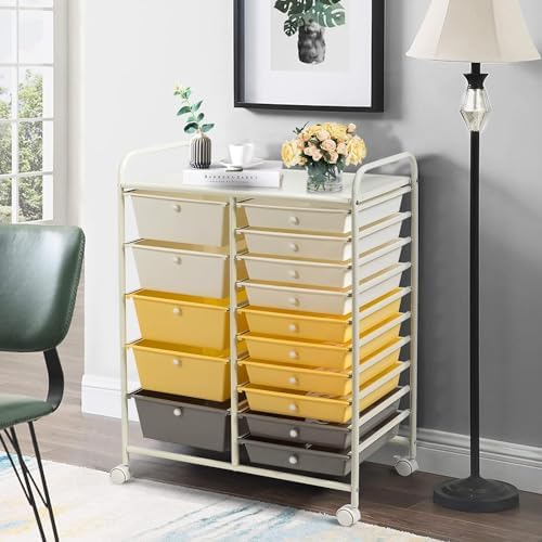 LDAILY 15 Drawer Rolling Storage Cart, Rolling Cart with Drawers for Classroom, Art Supply Craft Organizer on Wheel with Metal Frame & Handles for Home Office School - Image 2
