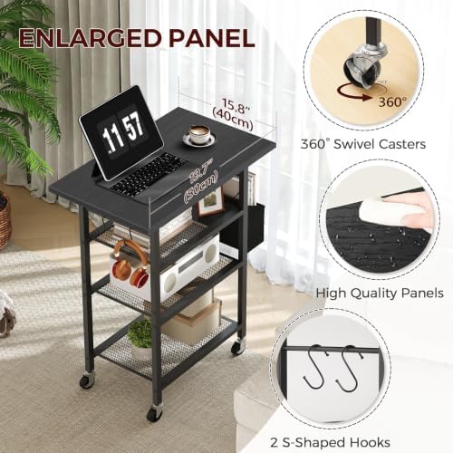 MAHANCRIS 4-Tier Printer Stand, Rolling Printer Table on Wheels, Industrial Storage Stand with Side Pocket, Wooden Tabletop, 2 S-Shaped Hooks, for Home Office, Black PTBK2601 - Image 4