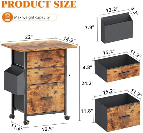 Mexin 3 Drawer File Cabinet with 22'' Extended Desktop, Mobile Filing Cabinet, Printer Stand, Rolling Printer Stand with Side Bag, Fabric Drawer, Fits A4 Size, Home Office,Rustic Brown - Image 3