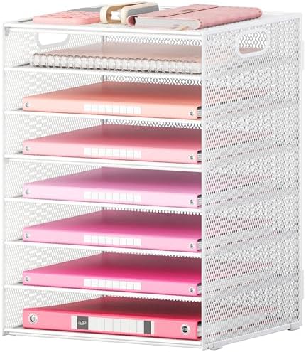 Lavatino 8-Tier Letter Tray Desk Paper Organizer, Mesh File Tray Organizer for Desk, Office Supplies & Home Organization, Fits A4 Paper, Mail, Magazines and Office Accessories (White with Handle) by Lavatino