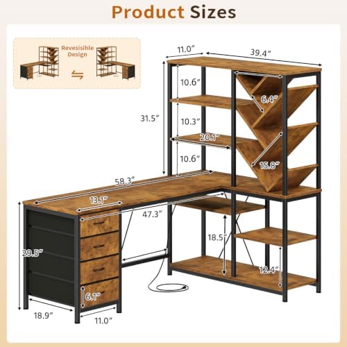 YOMILUVE 58" L Shaped Desk with Bookshelf and 3 Drawers for Home Office - Image 2