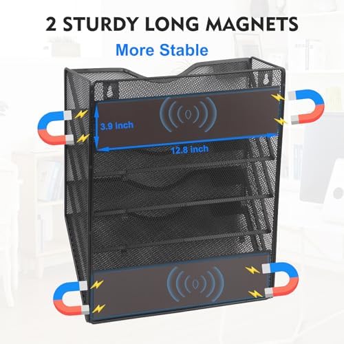 EASEPRES Magnetic 5 Pocket Mesh Hanging File Organizer, Wall Mounted Mail Paper Document Folder Holder, Clipboard Storage Organization Magazine Rack with Nametag Label for Office Home School, Black - Image 2