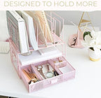 BLU MONACO | Pink Desk Organizer with Drawer | Wire Mesh Desk Organizer File Sorter | Metal Desktop Storage for Office Workspace - Image 3
