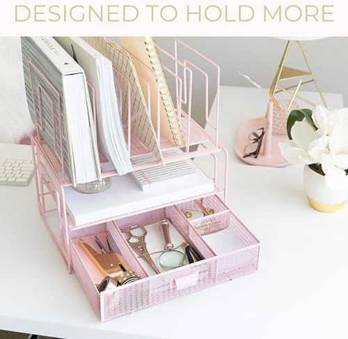 BLU MONACO | Pink Desk Organizer with Drawer | Wire Mesh Desk Organizer File Sorter | Metal Desktop Storage for Office Workspace - Image 3