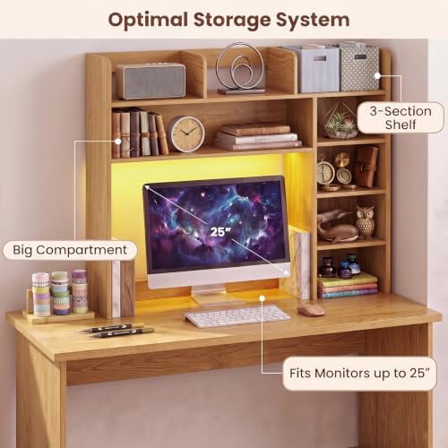 LDAILY Desktop Bookshelf with LED Lights, 35.5’’ Wooden Desk Shelf with 8 Cubes & 3 Adjustable Storage Shelves, 5-Tier Desk Hutch for Dorm College Office Computer Monitor Up to 25’’(Natural) - Image 5