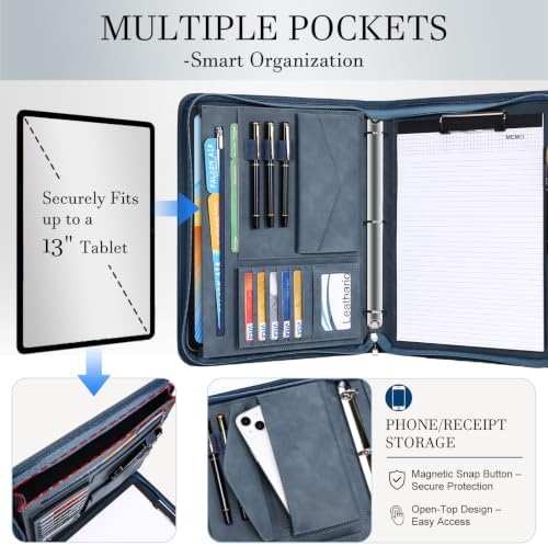 Leathario Portfolio Binder, Padfolio Organizer, 3 Ring Binder with Zipper - Image 4
