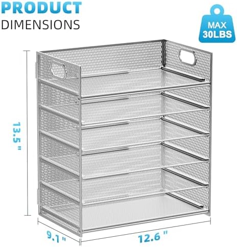 Marbrasse Paper Letter Tray - 6 Tier Mesh File Organizer with Handle, Paper Sorter for Letter/A4 Office File Folder Holder - Silver - Image 5