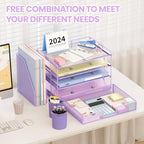 OPNICE Desk Organizer, 4-Tier Desktop File Organizer with Drawer and Pen Holders, Office Desk Accessories, File Sorters, Workspace Organizers for Office Supplies(Purple) - Image 5