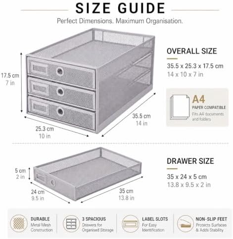 Exerz Paper Sorter 3 Drawer Wire Mesh A4 / Desk Multifunctional Desk Organiser/Multi-Layer Letter Tray - for Documents, Magazines, Notebooks and Letter (Silver) - Image 2