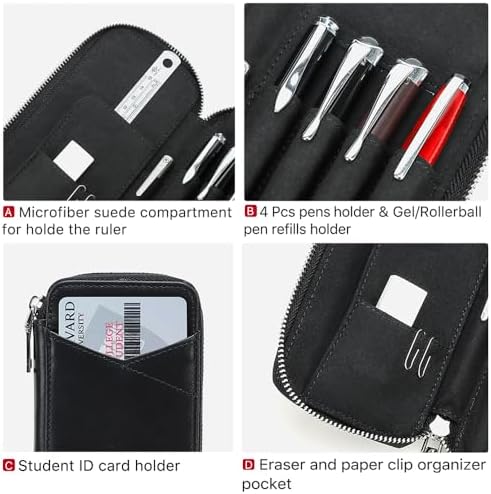 CONTACTS Full Grain Leather Pencil Case Handmade Vintage Zipper Pen Holder Pouch with Card Slot Pens Organizer Pockets Stationery Bag for Men and Women (Black) - Image 3