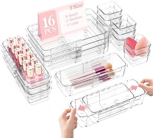 DILIBRA 16 Pcs Clear Extendable Drawer Organizer, Adjustable Drawer Storage by DILIBRA