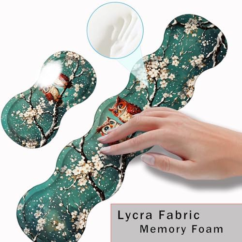 Keyboard Wrist Rest and Mouse Pad with Wrist Support Set Ergonomic Coaster,Memory Foam,Easy Typing Pain Relief,Large XL Desk Mat 31.5"x 11.8",Two Owls on Blossom Branch - Image 5