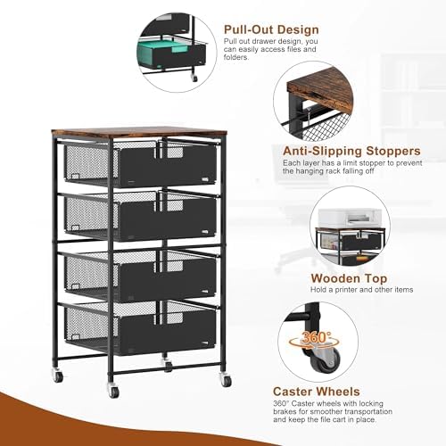 EasyPAG Rolling Storage Cart with 4 Drawers, Under Desk File Cabinet on Lockable Wheels, Moviable Hanging File Folder Organizer with Wooden Printer Stand for Home Office - Image 2