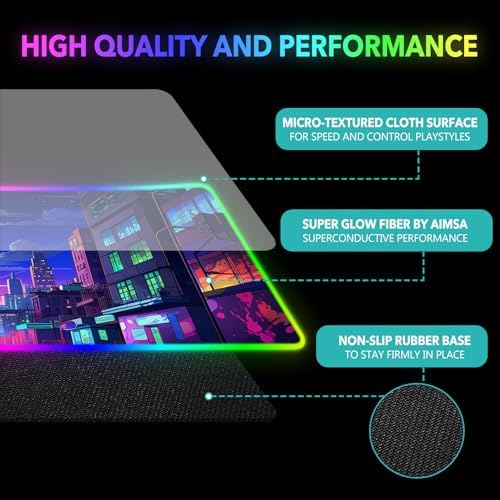 AIMSA RGB Gaming Mouse Pad, Large Mousepad with 14 Led Light Modes, Keyboard Pad Gaming Accessories for Desk, Non-Slip Rubber Base Mouse Mat for Gamer, Modern Urban Night Scene - Image 5