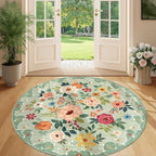 DUKINO 5ft Round Rug, Non Slip Floral Washable Small Circle Rug, Green - Image 4