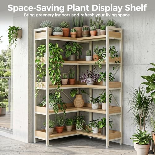 GTPLAYER 5-Tier Corner Bookshelf, L-Shaped Metal Frame Shelf with Tall 14" Shelves, Plant Stand and Storage Rack for Small Spaces, Living Room and Home Office, Light Oak - Image 3