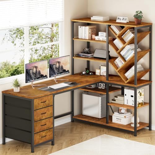 YOMILUVE 58" L Shaped Desk with Bookshelf and 3 Drawers for Home Office by YomiluveDesign