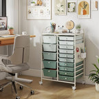Giantex 15 Drawer Storage Cart, Rolling Craft Cart with Metal Tabletop & Pegboard, Mobile Utility Organizer Trolley with Locking Wheels, Home Office, Classroom, Teacher Supplies, Green Gradient - Image 2