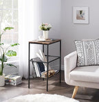 VECELO 2 Sets Tall End Table with Metal Basket,Nightstand with Shelf Storage Organizer, Wood Night Stand with Metal Frame, Waterproof for Bedroom, Living Room, Bathroom - Image 2