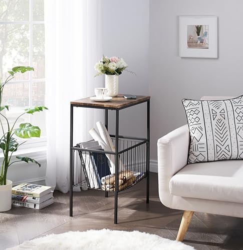 VECELO 2 Sets Tall End Table with Metal Basket,Nightstand with Shelf Storage Organizer, Wood Night Stand with Metal Frame, Waterproof for Bedroom, Living Room, Bathroom - Image 2