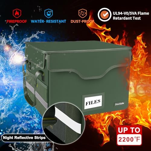 DocSafe Fireproof Document Box with Lock,File Storage Organizer with Pockets,Collapsible Portable File Box Home Office Safe Filing Cabinet with Handle for Hanging Letter/Legal Folders,Green,2 Pack - Image 3