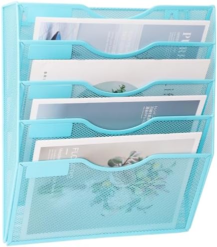 EASEPRES 5 Pocket Mesh Hanging Wall File Organizer, Wall Mounted Mail Paper Document Folder Holder, Clipboard Storage Organization Magazine Rack with Nametag Label for Office Home School, Blue - Image 2
