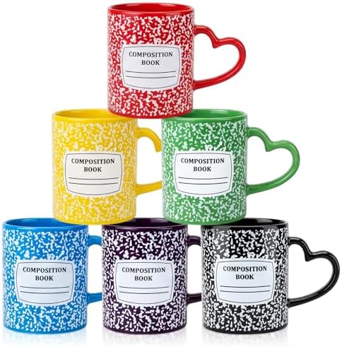 Pickmesh 6 Set Composition Book Mug with Heart Handle 10oz, Back to School Teacher Gift, Cute Teacher Mug Ceramic Coffee Cup, 6 Colors, Classroom Novelty Gift by Pickmesh