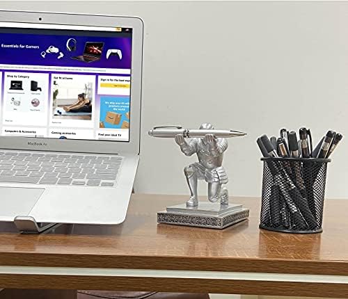 Executive Knight Pen Holder with A Cool Pen, Home Office Desk Organizers Decor Resin Pen Holder, Christmas Gift Idea for Dad, Uncle, Man, Boyfriend, Friends Silver - Image 4