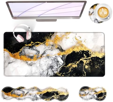 Large Keyboard Mouse Pad Set, Extended Mouse Pad+Keyboard Wrist Rest Support, Memory Foam Ergonomic Easy Typing, 4Pcs (31.5×11.8 in) Desk Pad Set for Office Home,Black and White Gold Marble by Unknown