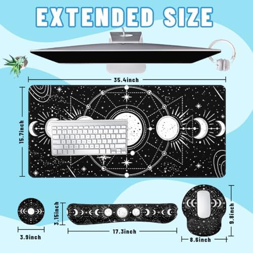 Moon Phase Desk Mat Set Celestial Astrology Black White Large Mouse Pad with Wrist Rest 4in1 Desk Mat for Desktop Ergonomic Computer Desk Arm Wrist Anti-Slip Computer Mouse Pad Home Office Gaming - Image 2