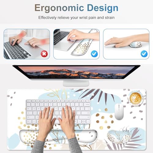 Large Gaming Mouse Pad Set, 4 in1 Ergonomics Keyboard Desk Mat with Memory Foam Wrist Rest, Computer Extended Game Mousepad, Non-Slip Desk Pad Matt Easy Typing Pain Relief I Art Modern Blue - Image 4