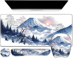 4 in 1 Large Mouse Pad, Keyboard Wrist Rest Set, Ergonomic Mouse Pad with Wrist Support, Desk Mat with Stitched Edges Extended Desk Pad Waterproof Desk Mat for Home Office Game I Snowy Mountain Sun by NXZGO