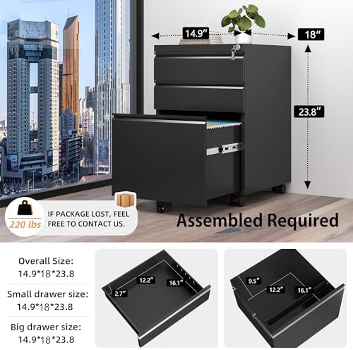 INTERGREAT 3 Drawer File Cabinet, Metal Filling Cabinets with Lock, Locking Office Mobile Cabinet with Wheels for Legal/Letter Size, Under Desk, Assembled Required, Black - Image 3