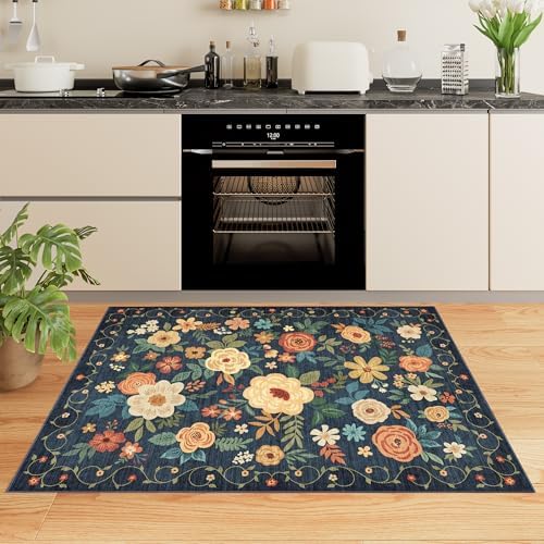DUKINO 4x6 Area Rug, Floral Washable Office Chair Rug Non Slip, Navy Blue - Image 4