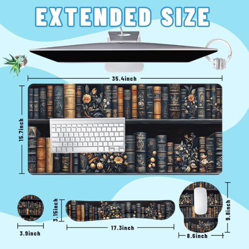 Bookshelf Desk Mat Set Dark Vintage Library Large Mouse Pad with Wrist Rest 4in1 Desk Mat for Desktop Ergonomic Computer Desk Arm Wrist Anti-Slip Computer Ergonomic Mouse Pad Home Office Gaming - Image 2