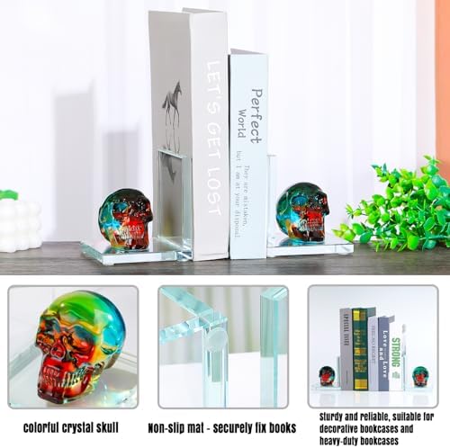 Glass Skull Book Ends for Shelves with Plating Multicolor Crystal Skulls - Image 3