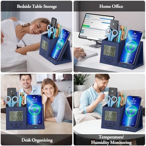 Wireless Charger with Pen Holder, LED Screen Desk Organizer Digital Clock - Image 5