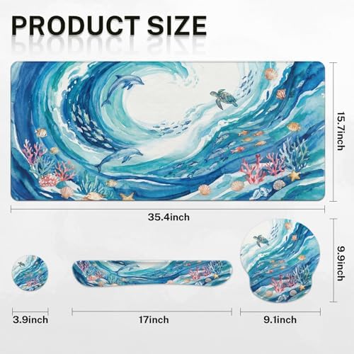 Arttown Keyboard Mouse Pad Set, 4 in 1 Desk Mat Set Ocean Dolphin - Image 2